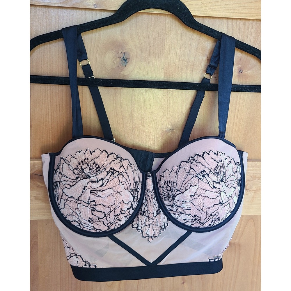 Auden‎ Large Pink Black Long Line Bra Bustier Feminine Underwire Lace Soft Girl
